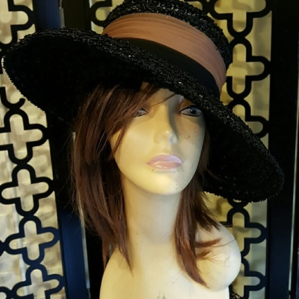 BLACK BROWN STRAW DERBY CHURCH TEA CORALIE VTG HAT STRAW - Picture 1 of 5